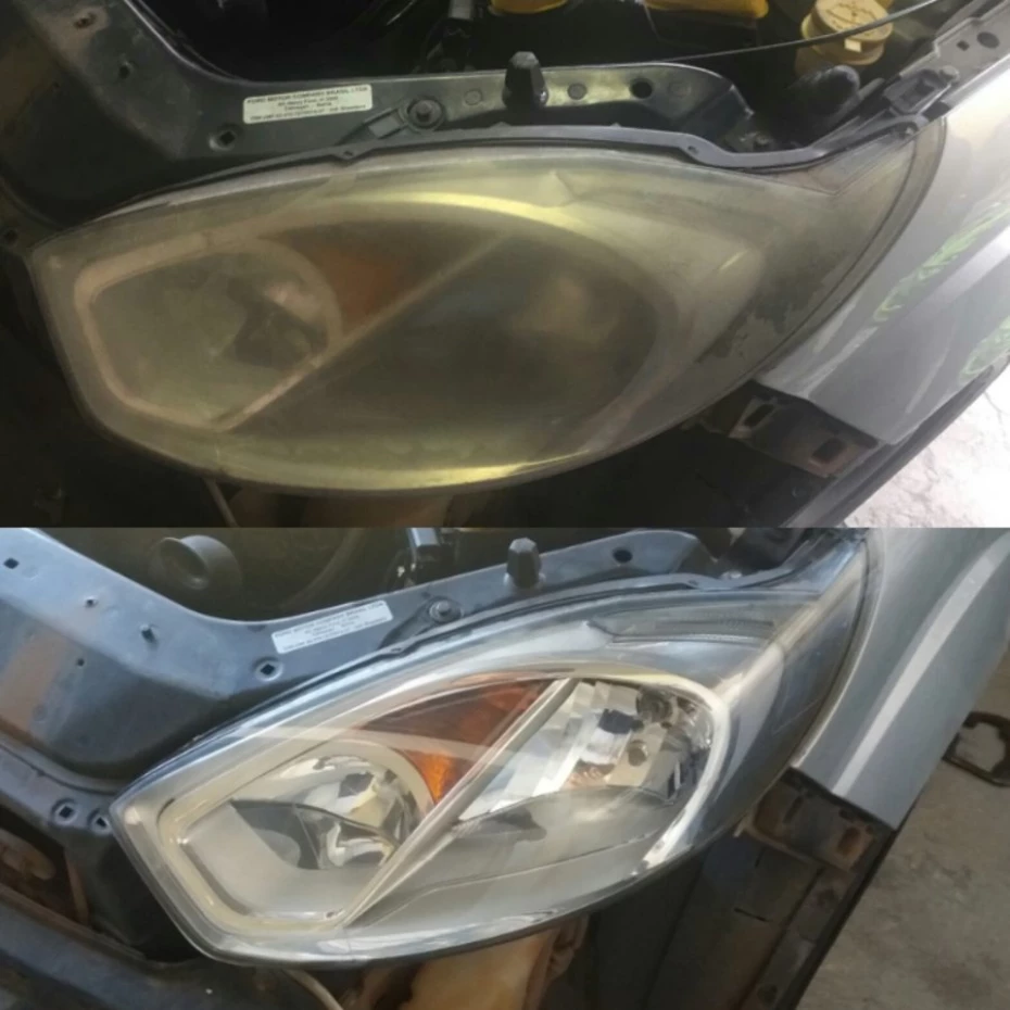 Foto 4: Antes e Depois de restaurado o Farol  do Fiesta.  — Mais Foco Restauração de Farol Automotivo